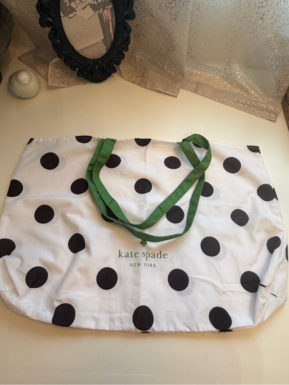 kate spade Large White Polka Dot Tote with Black Dots and Green Handles